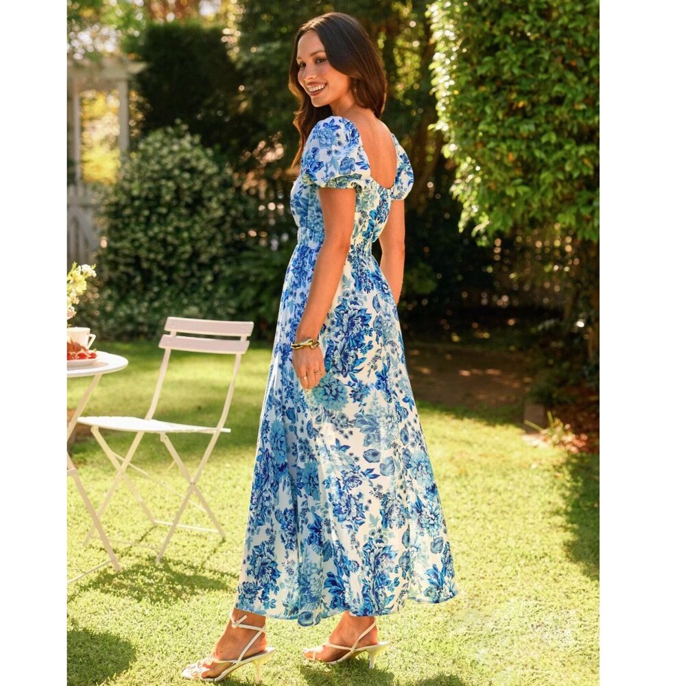 New to Posh C 🔆| Euro StyleBlue and White Ruched Smocked Tiered Maxi Sundress - Picture 3 of 8